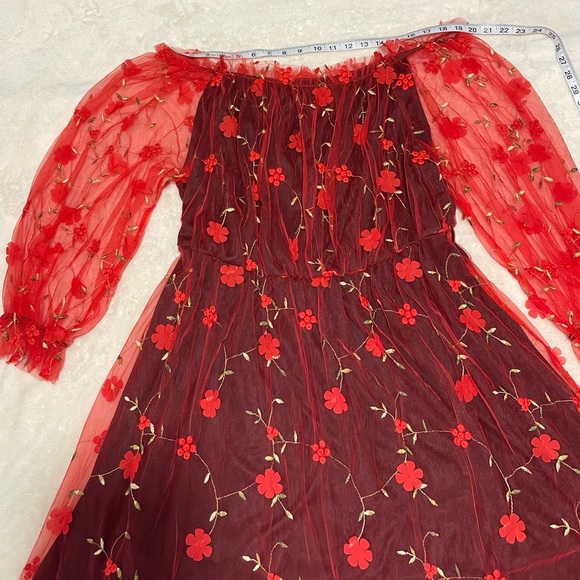 SHEIN Red Embroidered Mesh Bardot Dress - Picture 3 of 5
